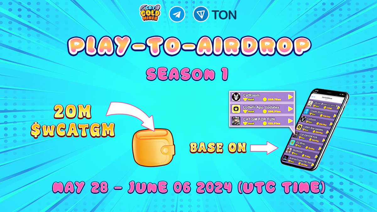 pop_launch's tweet photo. 🚨 [PARTNERSHIP] Play to Airdrop - Season 1 🚨

⭐️ Join PopLaunch Club: https://t.co/Oo5mZEkjdy

We are releasing 20 million $wCATGM (wrap $CATGM)! Remember, $wCATGM is credit to withdraw $CATGM later 💰

📅 Duration: May 28 - June 06 2024 (UTC Time)
Stay tuned and get ready to play and earn big!

#CatGM #PopLaunch #TON #Airdrop #Giveaway