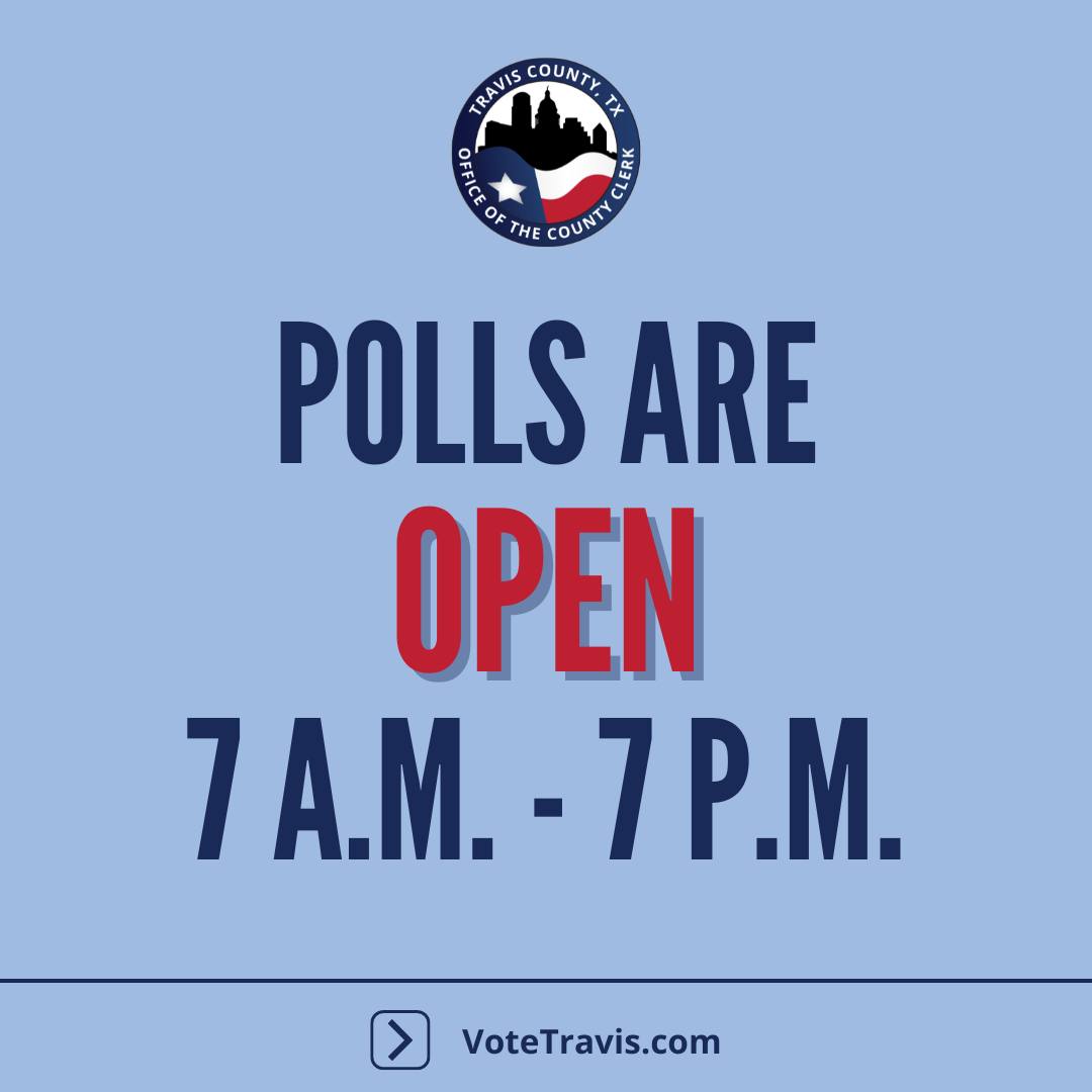 Today is election day in Travis County for the primary runoffs! Polls are open today from 7 AM - 7 PM. 
Discover the sample ballot & list of election day locations: elections.traviscountytx.gov/current-electi… 
#traviscounty #electionday