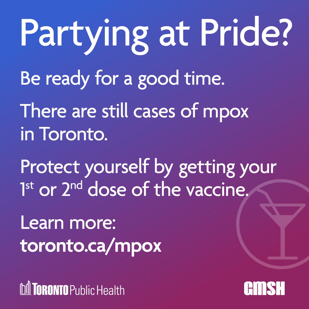 #Pride is just around the corner. Be ready for a good time.

As #mpox continues to spread, protect yourself & your partner by getting the mpox vaccine.

We're holding mpox vaccine clinics at Metro Hall on June 1 &  June 8 by appointment only.

Book now: tphbookings.ca