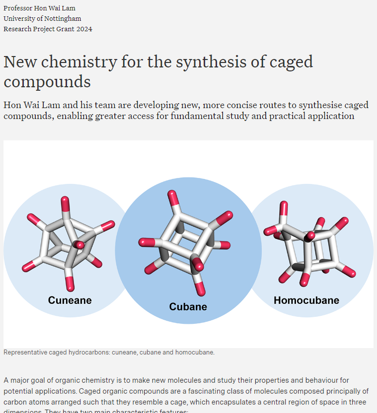 Hon Wai Lam and his team are developing new, more concise routes to synthesise caged compounds, enabling greater access for fundamental study and practical application: leverhulme.ac.uk/research-proje… @UoNScience