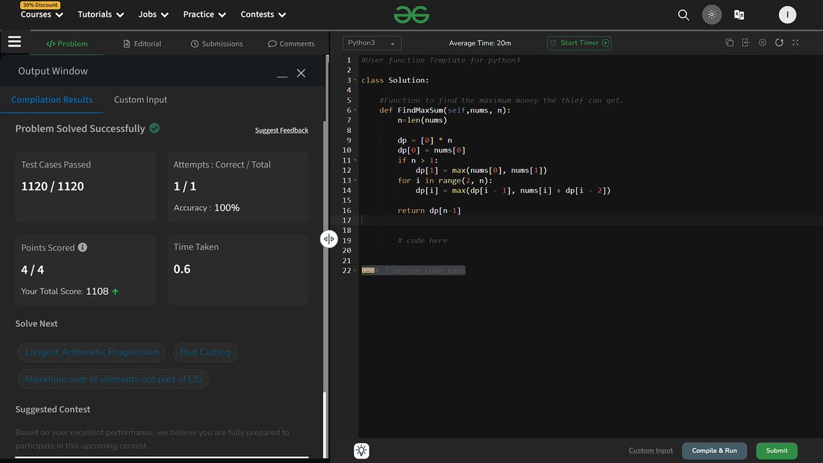 🚀 Day 250 of hashtag#365DaysOfCode with GeeksforGeeks
Explored two dynamic programming solutions for finding the maximum sum of non-adjacent elements in an array!