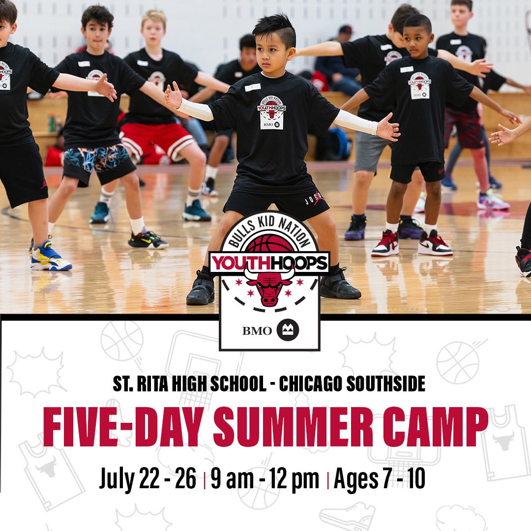 We invite all kids ages 7-14 to join the @chicagobulls Kid Nation and @BMO  to take their game to the next level by learning the fundamentals of  basketball at their Youth Hoops, image size:1080x1080