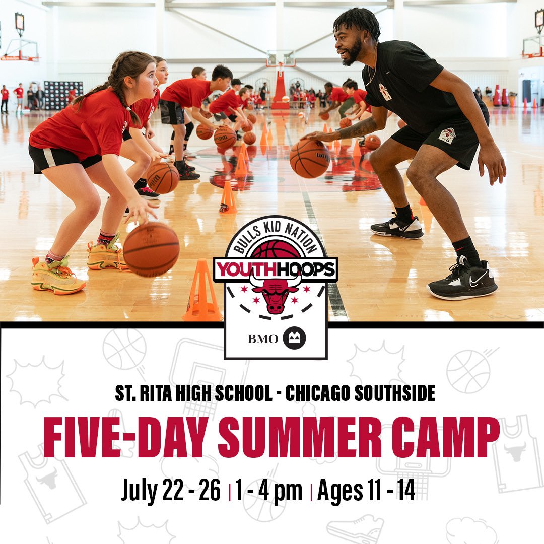 We invite all kids ages 7-14 to join the @chicagobulls Kid Nation and @BMO to take their game to the next level by learning the fundamentals of basketball at their Youth Hoops Summer Camp right here at St. Rita High School! Register today: nba.com/bulls/kidnatio…