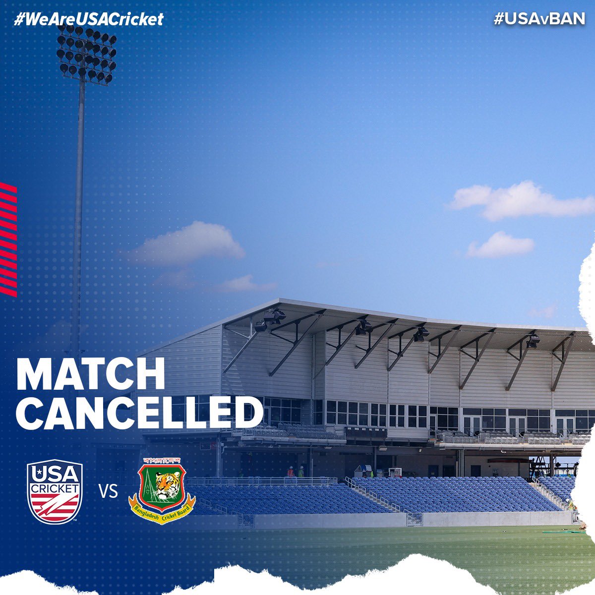 Today’s @ICC @T20WorldCup warm-up match against Bangladesh was cancelled due to adverse weather conditions. 

#T20WorldCup | #WeAreUSACricket 🇺🇸