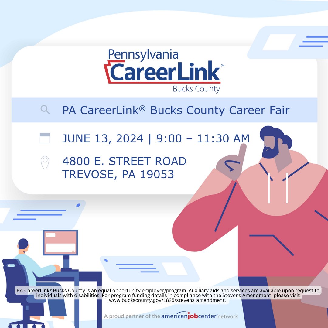 🚨 REMINDER- We are hosting a career and resource fair on June 13th! We can't wait to see everyone there! 😃

#PACareerLink #BucksCountyPA #CareerFair #JobOpportunity