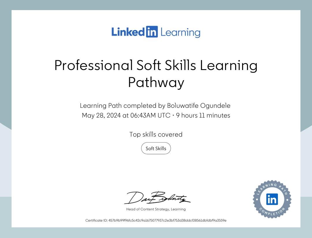 🎉 This journey has greatly enhanced my Professional Skills. Big Thanks to the HM @bosuntijani and @FMCIDENigeria 🙌 

🎉 Just completed the 'Professional Soft Skills Learning Pathway' on LinkedIn with @3MTTNigeria! 🚀 

#3MTTLearningCommunity