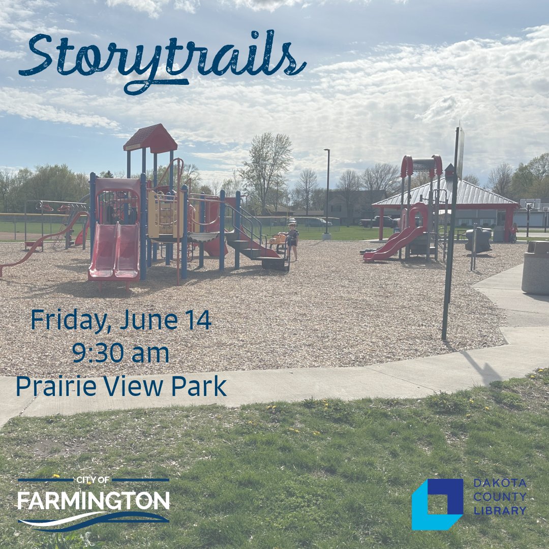 Free programs in collaboration with @dakotalib Farmington during the month of June!
Storytime in the Park
Thursdays, June 13, 20, 27 ~ 10 am
Storytrails
Friday, June 14 ~ 9:30 am
No registration required.