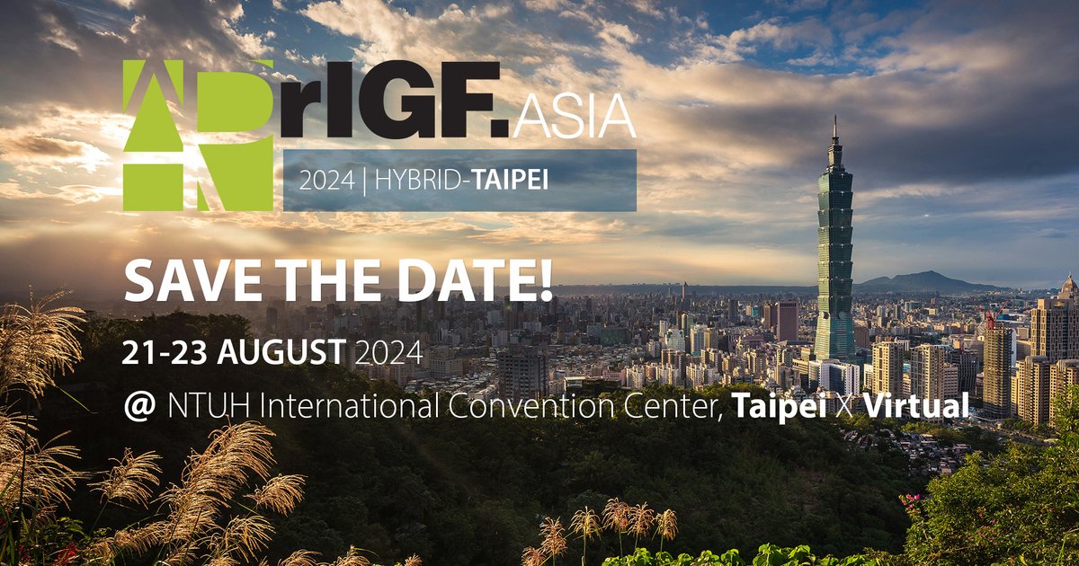 📆 Save the date: 21-23 August for the Asia Pacific Regional Internet Governance Forum 2024.

#Staytuned for #registration information!

#InternetGovernance #aprigf2024 #AsiaPacificRegion #Taipei