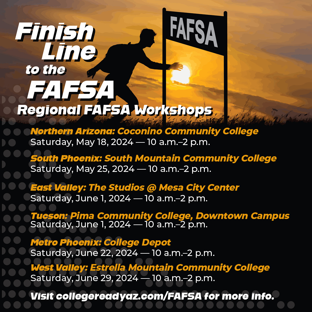 There's still time to register for the East Valley and Tucson FAFSA workshops! High school graduates can get help completing their FAFSA, making corrections or navigating the financial aid process. 🗓️ June 1 🕙 10 a.m. - 2 p.m. Register at collegereadyaz.com/FAFSA.