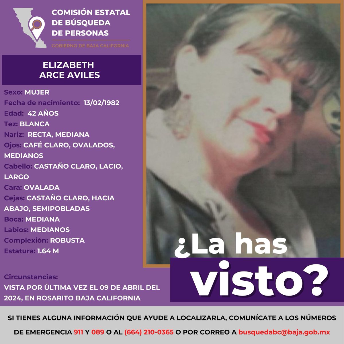 Solicitamos tu apoyo para localizar a ELIZABETH ARCE AVILES, comunícate con nosotros. ¡Tu colaboración es muy importante!, para mayor difusión, ayúdanos a compartir #BusquedaBC #PersonaDesaparecida #BusquedaDePersonas #HastaEncontrarles #BajaCalifornia #Rosarito