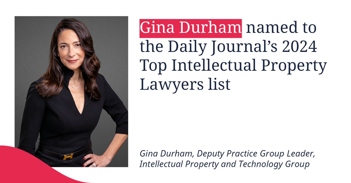 We are pleased to announce that partner Gina Durham, vice chair of our #IntellectualProperty and Technology practice, was named to the Daily Journal's 2024 Top Intellectual Property Lawyers list recognizing the top #IP attorneys in California: dlapiper.com/en-us/news/202…