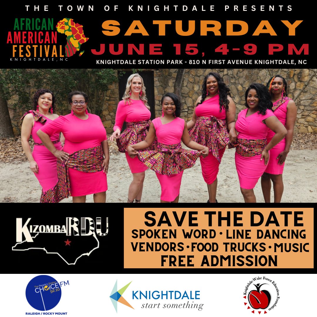 Hey #Knightdale! We're so excited to announce another performing group, the Kizomba RDU dancers, who promote African dance throughout the Triangle. Join us on Saturday, June 15, from 4-9pm at Knightdale Station Park to enjoy Kizomba RDU and a host of other performances!