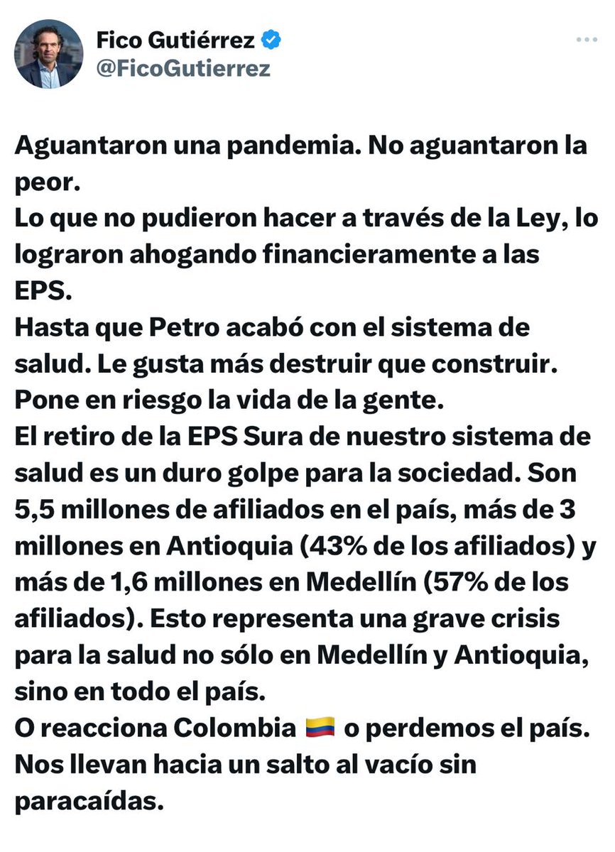 BLUAntioquia's tweet photo. Alcalde de Medellín, @FicoGutierrez lamentó decisión de @GRUPOSURA que pidió que la retiren del sistema de salud. "Lo que no pudieron hacer a través de la Ley, lo lograron ahogando financieramente a las EPS. Hasta que @petrogustavo acabó con el sistema de salud", dijo #MañanasBlu https://t.co/U5bXV5byue