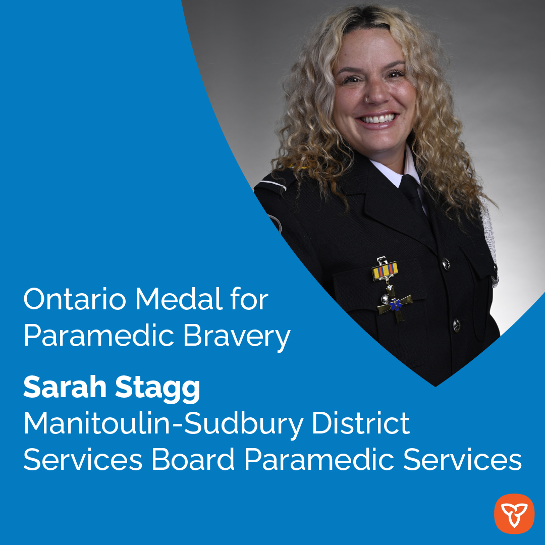 Congratulations to Sarah Stagg from the Manitoulin-Sudbury District Services Board Paramedic Services on your Ontario Medal for #Paramedic Bravery.

Learn more about Sarah’s story: news.ontario.ca/en/backgrounde…