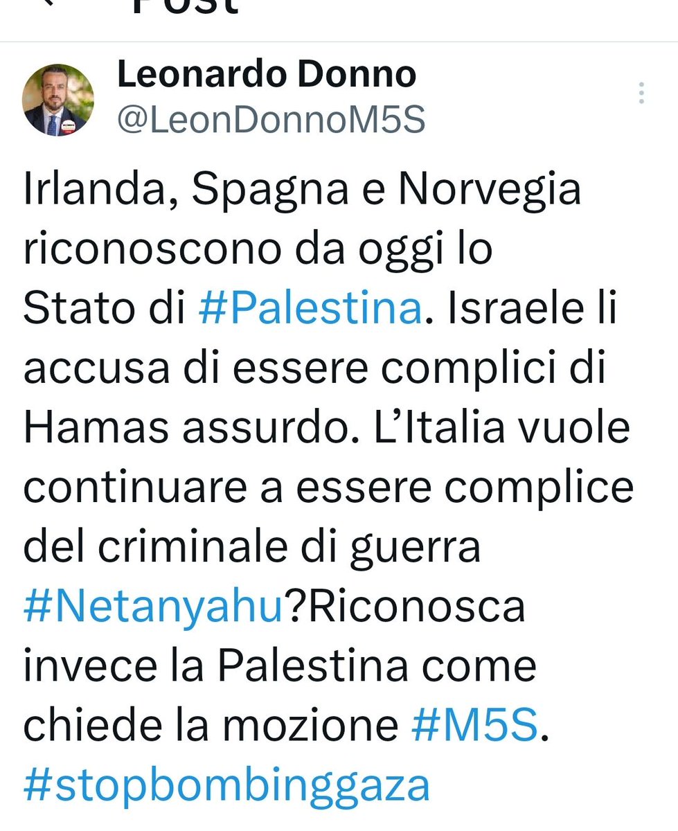 ➡️Irlanda, Spagna e Norvegia riconoscono da oggi lo Stato di #Palestina.

@LeonDonnoM5S 

#StopBombingGaza #Gaza #Rafah