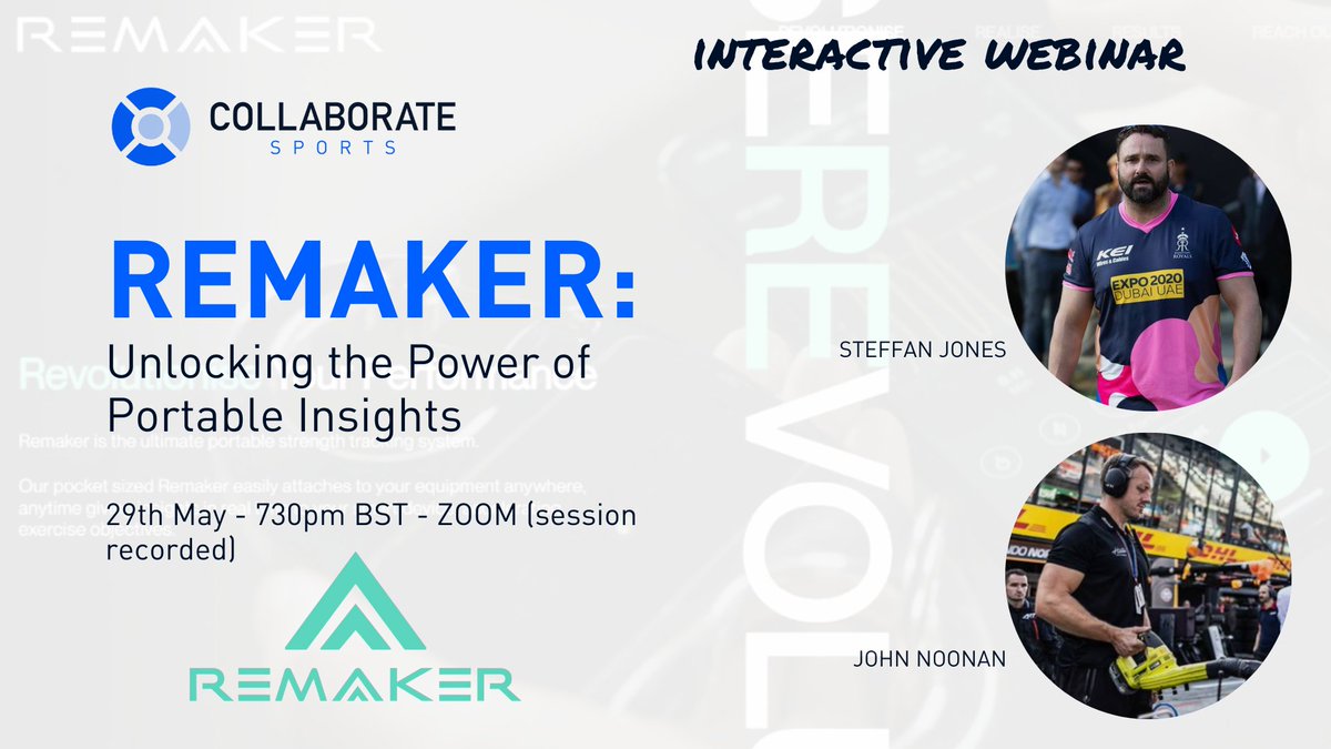 Dan Howells (@howellsdan) on Twitter photo Have you seen REMAKER?
If not, you need to!
Tomorrow night I host them alongside <a href="/SteffanJones105/">Steffan Jones</a> and <a href="/JohnnoonanCoach/">John Noonan</a> to talk about its use in performance sport
Register to join us for free, or get the video playback: collaboratesports.com/webinar-events
Used by leading coaches due to Have you seen REMAKER?
If not, you need to!
Tomorrow night I host them alongside <a href="/SteffanJones105/">Steffan Jones</a> and <a href="/JohnnoonanCoach/">John Noonan</a> to talk about its use in performance sport
Register to join us for free, or get the video playback: collaboratesports.com/webinar-events
Used by leading coaches due to