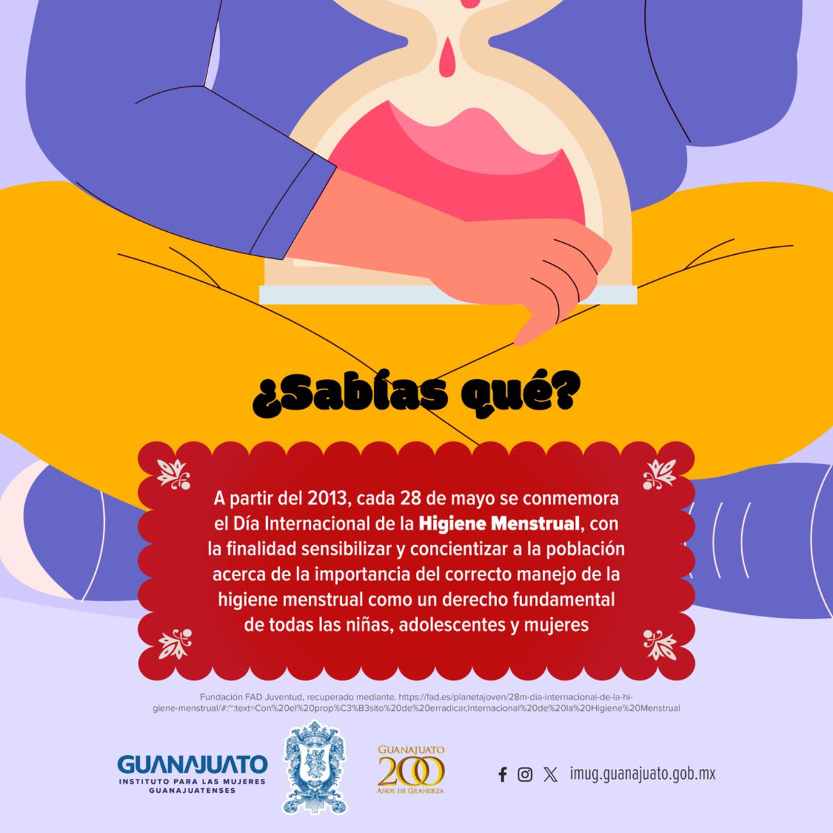 ¡Hoy 28 de mayo se conmemora el Día Internacional de la #HigieneMenstrual!

El ciclo menstrual es una parte importante de la salud y bienestar general, no debe tratarse como un tabú o algo vergonzoso.

@gobiernogto 
<a href="/diegosinhue/">Diego Sinhue Rodríguez Vallejo</a> 
@saludguanajuato 
@alansahir 
@annybellpulido