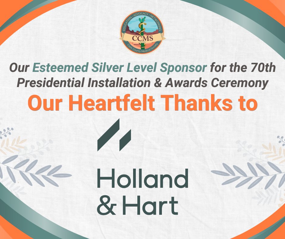 🌟🏆We are profoundly grateful to Holland and Hart for your generous support as a Silver Sponsor at our 70th Presidential Installation. Your commitment enhances our community and empowers our mission! 🎉 #CCMS70 #Holland&Hart #HealthcareHeroes #SilverSponsor #CommunityHealth