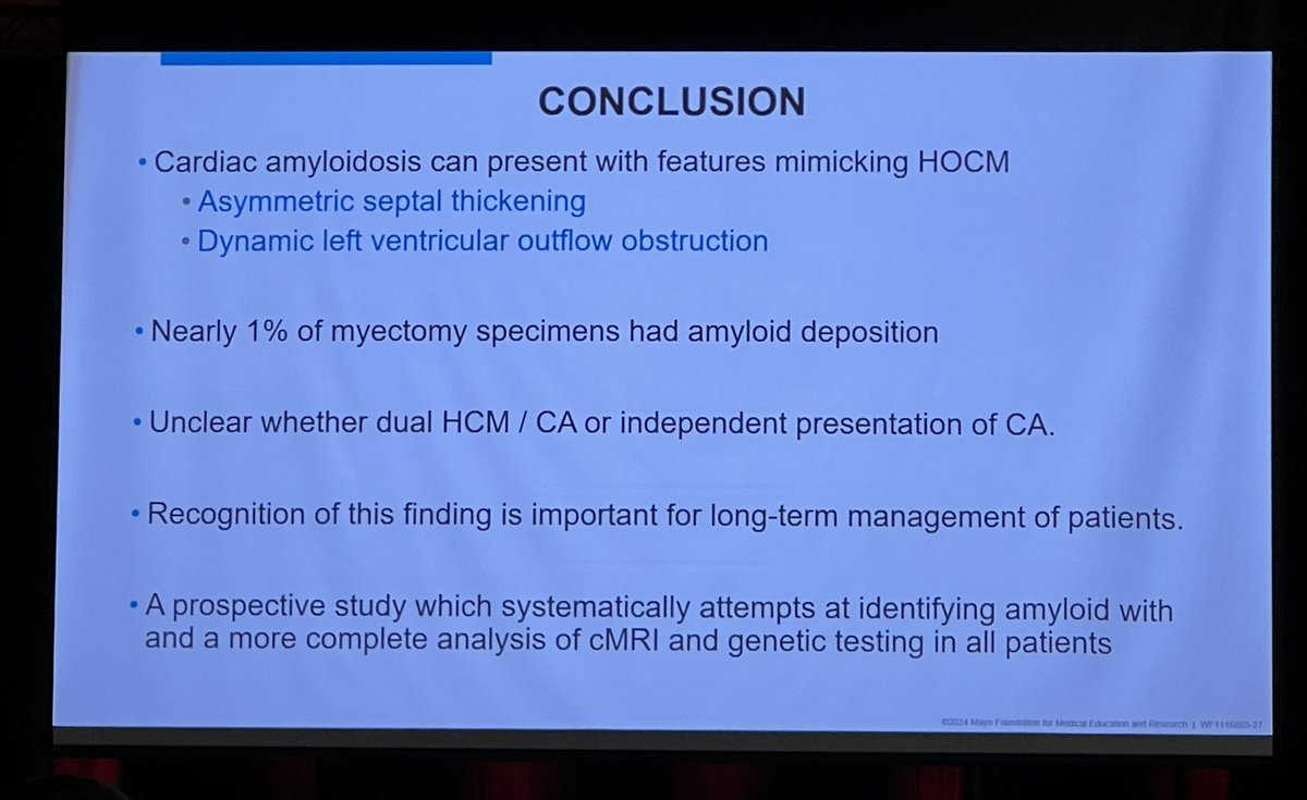 Interesting study presented by @maz_hanna! #ISA_2024 #ISA2024
 📌Amyloid can mimic HOCM
📌 1% of myectomy specimens had amyloid deposits
📌Is this dual HCM/Amyloid or unique presentation of amyloid?
📌Recognition is 🔑 to start treatment
@ISA_Amyloidosis @CleClinicHVTI