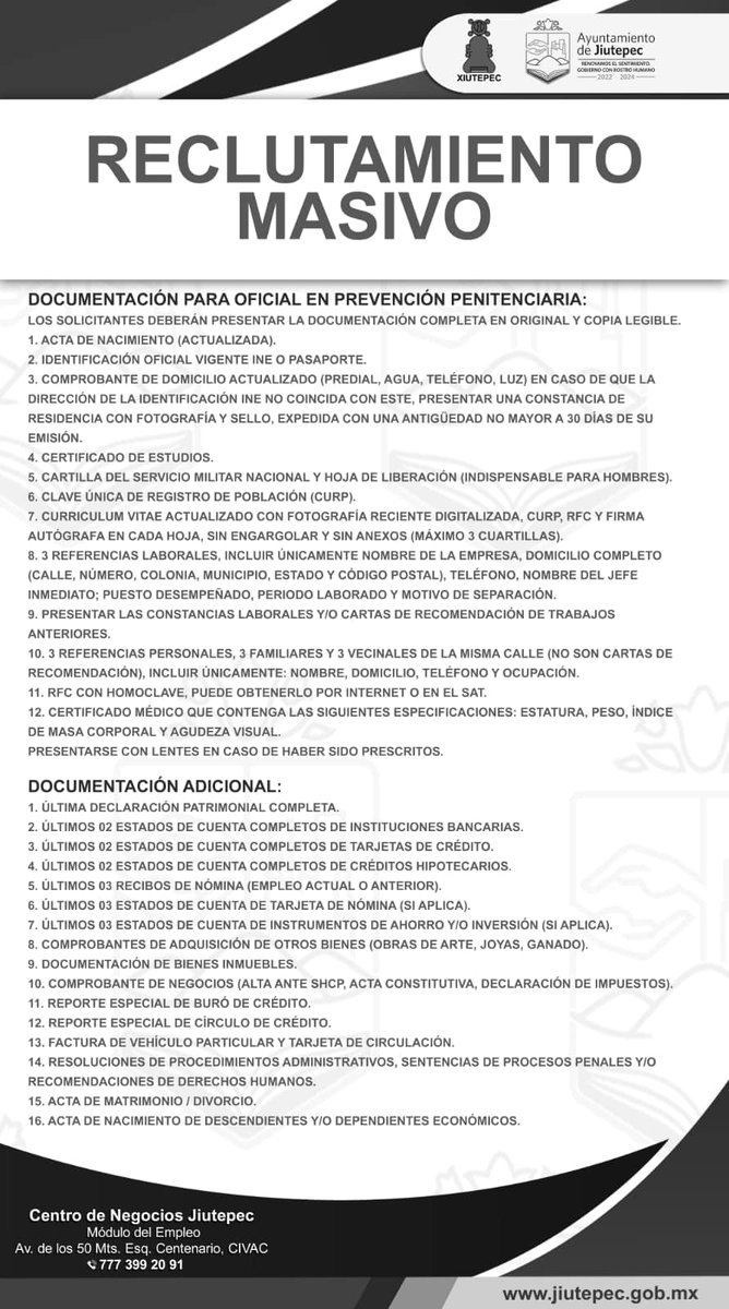 #Empleos Participa en el reclutamiento para laborar como médico penitenciario u oficial de prevención penitenciaria. Acude este jueves 30 de mayo, de las 10:00 a las 14:00 horas, al Centro de Negocios de #Jiutepec ubicado en el Parque Venus de la colonia Civac