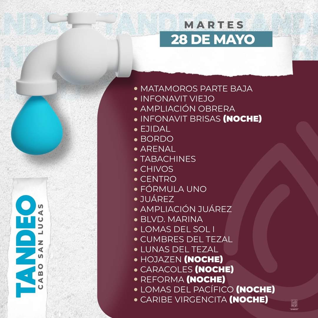 En el municipio de los cabos, especialmente en san lucas hay tandeo de agua, hasta 20 días para recibir el líquido, los pozos están llenos y las pipas de agua no paran, esta es la razón # 1 por la cual voy a salir a votar #2DeJunio2024 este gobierno solo nos ha robado.