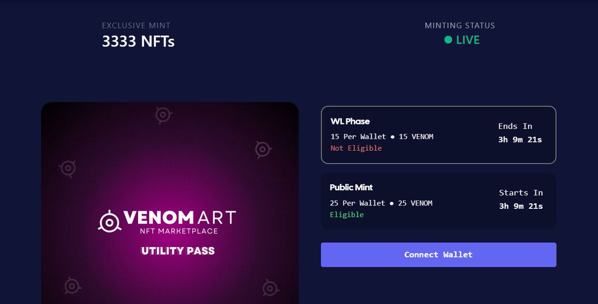 Get ready #Venom Fam! The Venomart @venomart23 Utility Pass mint is Live! 🌟 venomart.io/launchpad/util… Mint yours to unlock amazing perks like boosted airdrops, royalty revenue shares, free mints, and more! 🔥 💰 Mint price: 25 $VENOM 🪙 Only 3333 passes available!
