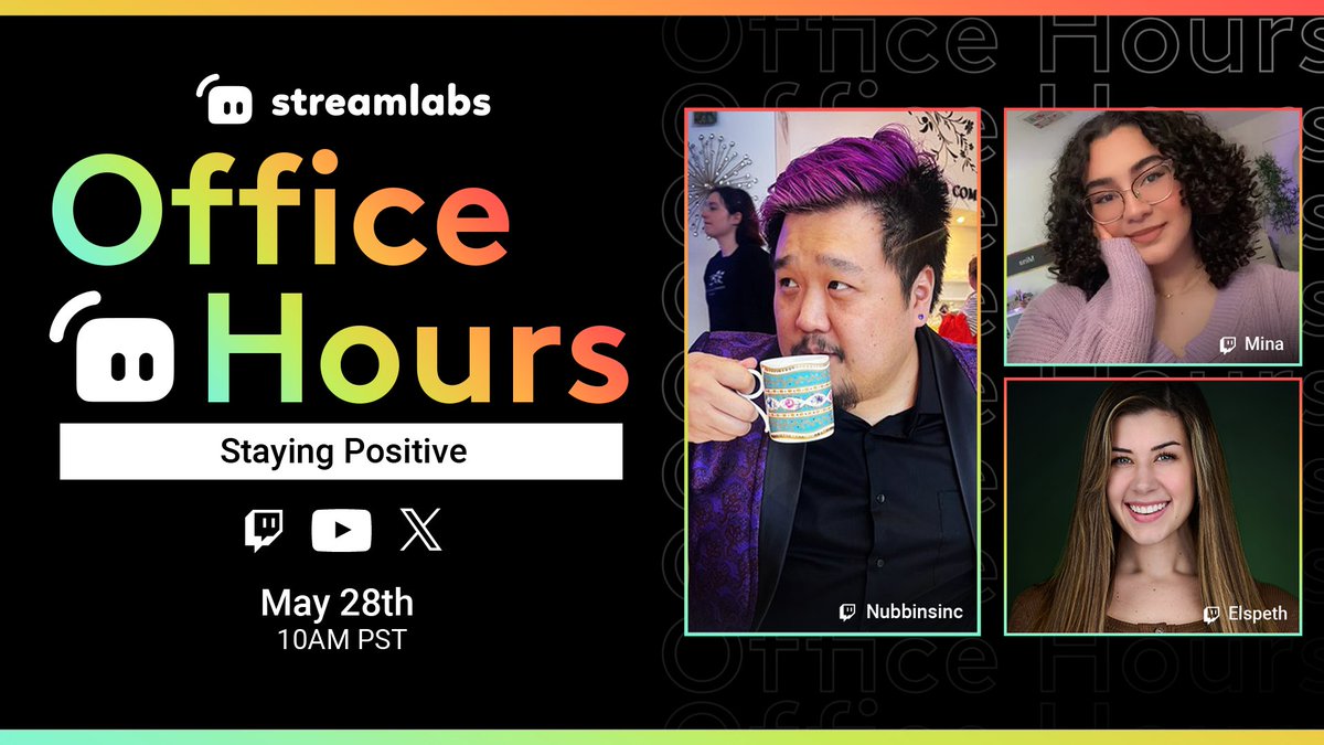 Really excited to talk about today's topic: Staying Positive!

@nubbinsinc will be joined on today's Office Hours stream by @Meenuhhh_ and @ElspethEastman to talk about staying positive, taking care of yourself, and fostering a healthy community!

Tune in and bring questions!