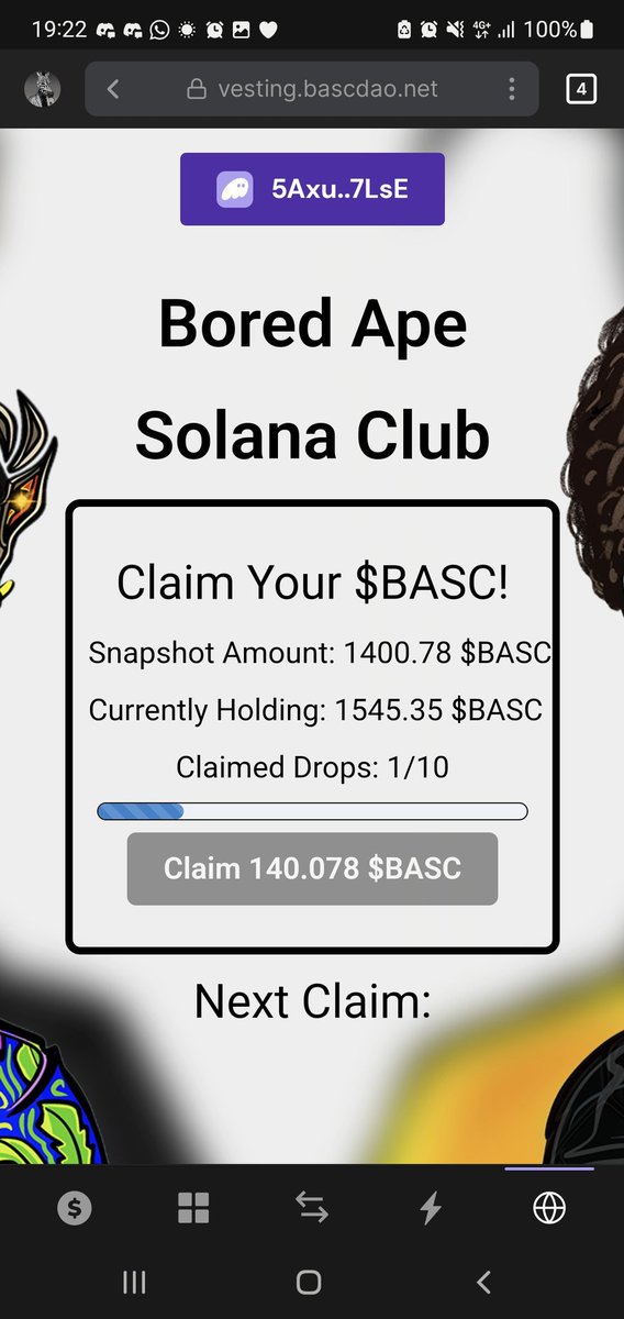 Lets goooo! $BASC claim is live! And much more to come. 👀 If you don't hold an ape or BASC token in your wallet, I honestly dunno what you're doing. 🙈 @BoredApeSolClub 💎🤝🏻 Thanks a bunch @dak_daze 💙