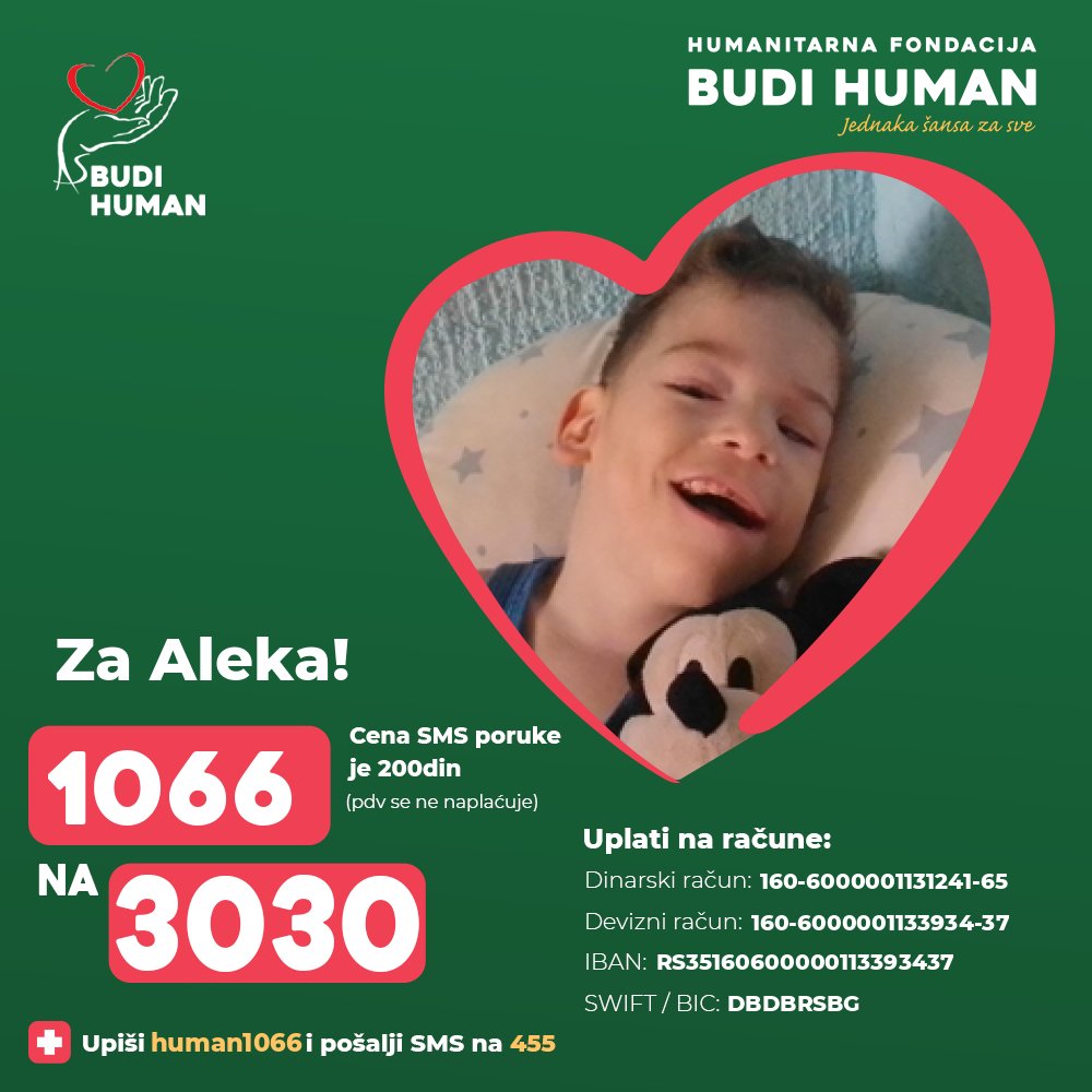 Pomozimo Aleku!

Upišimo 1066 i pošaljimo SMS na 3030

budihuman.rs/korisnik/1066/…

#budihuman #jednakašansazasve