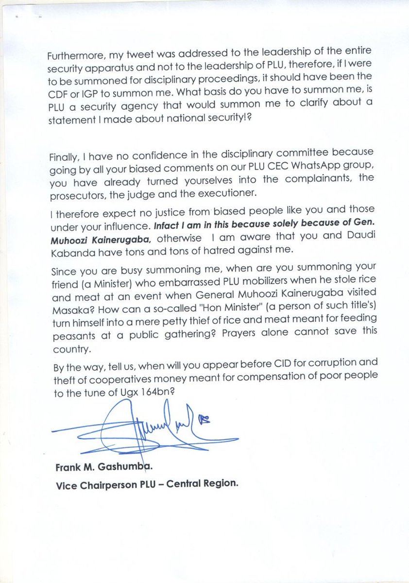 Good evening PLU mobilizers and fellow Ugandans. 
While I had hoped that this matter would be handled and resolved internally, those who summoned me decided to recklessly leak their letter, as a result, I have received countless phone calls arising from Hon Mawanda's malicious