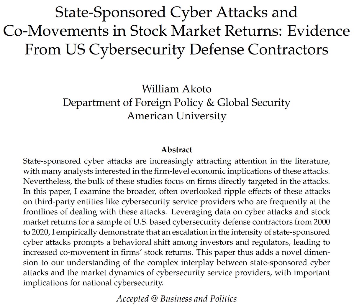 🚨 My latest paper was just accepted at Business &amp; Politics! I explore the often overlooked ripple effects of state-sponsored cyber attacks on the stock market dynamics of cybersecurity defense contractors. Grateful to colleagues and reviewers for comments! Off to celebrate!🥳🥳