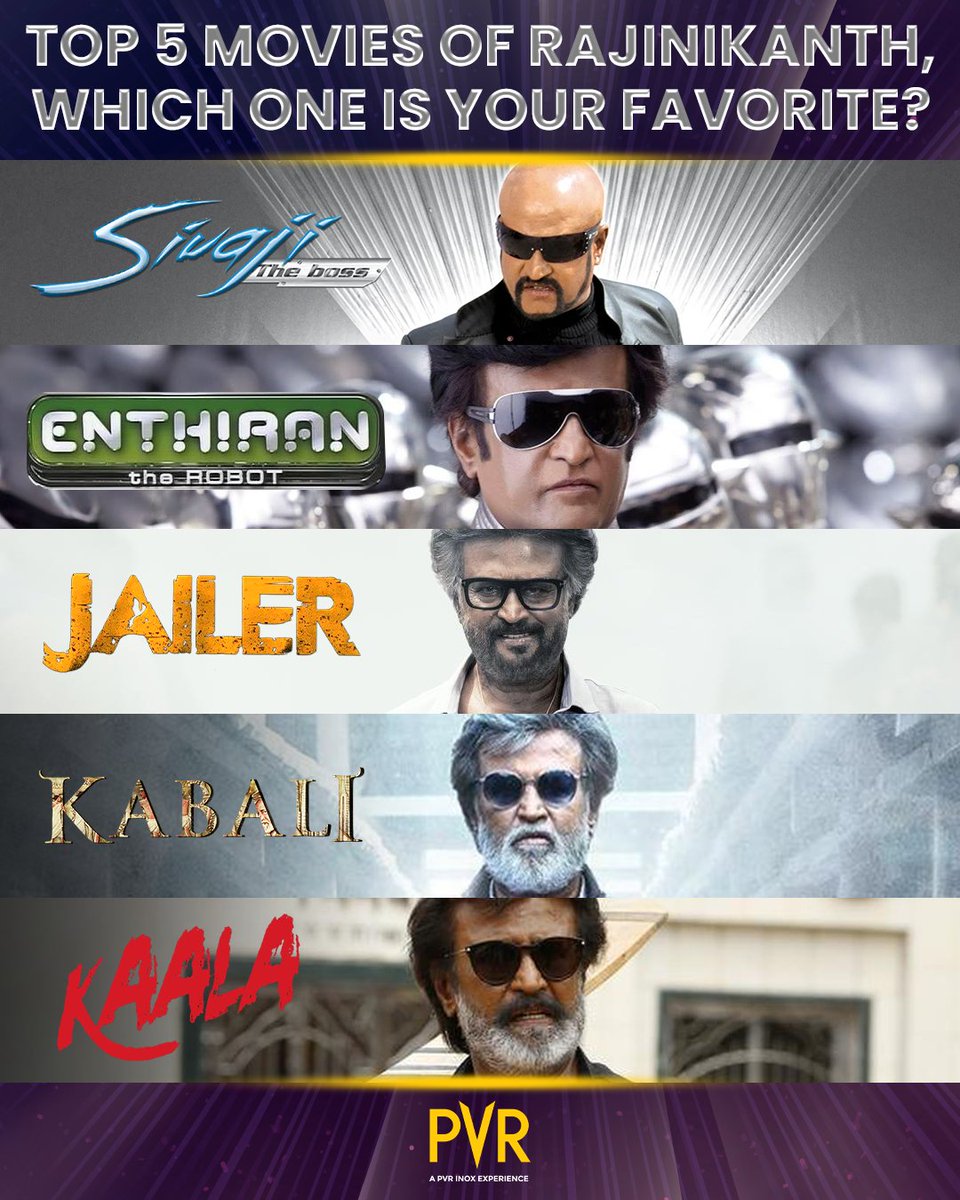 Thalaiva needs no introduction! 🎬🤌🏻 Which of Rajinikanth's movies, out of the top 5, is your favorite? . . . #Rajinikanth #SivajiTheBoss #EnthiranTheRobot #Jailer #Kabali #Kaala