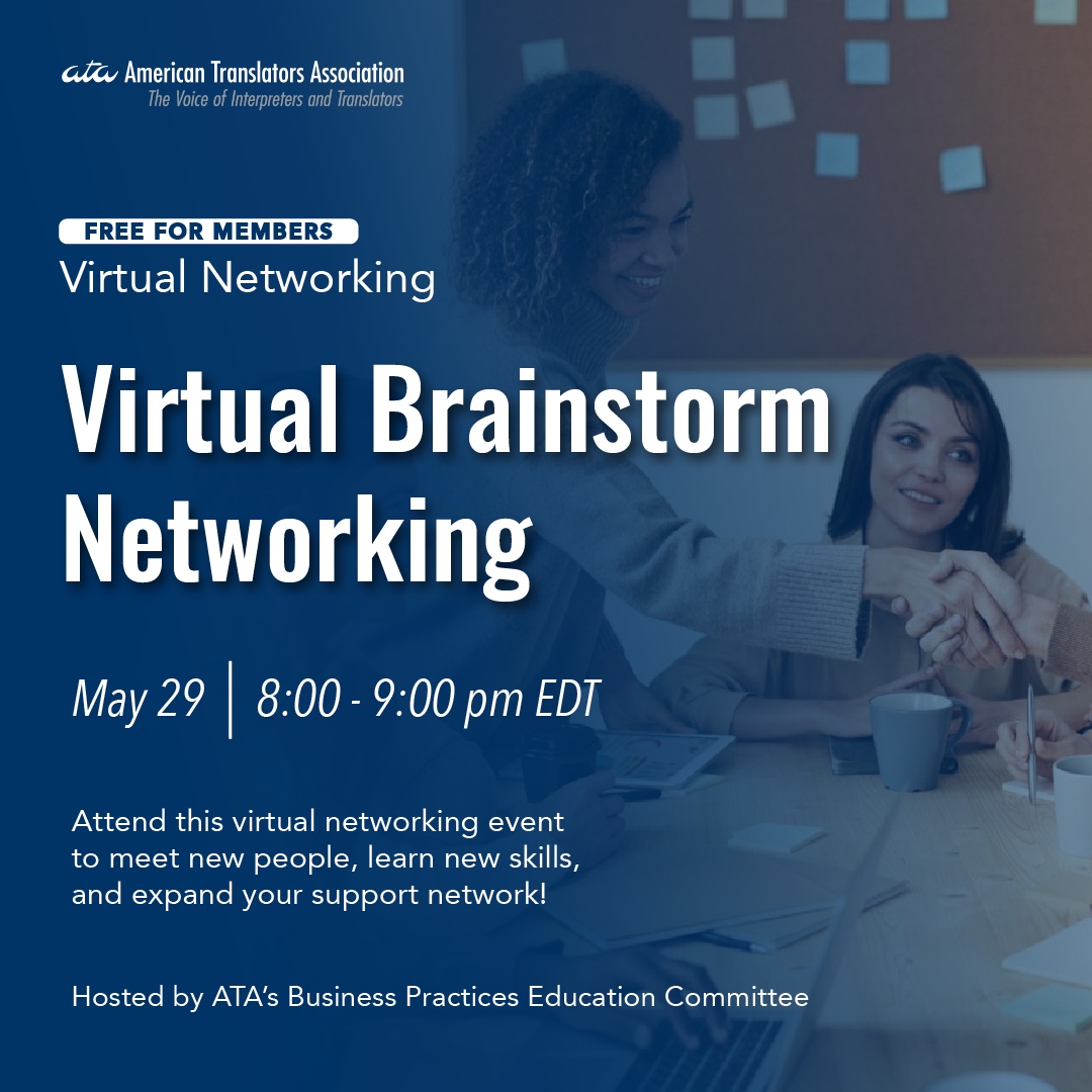 ATA members! 📣 Join your colleagues a fun, fast-paced hour of solving common business challenges in small teams. Attend this virtual networking event to meet new people and learn new skills: atanet.org/event/virtual-…!
.
.
.
#BusinessChallenges #Freelance #xl8 #1nt #atanet #ATA