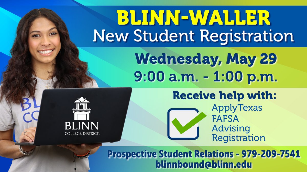Make your way to #BlinnWaller! Stop by tomorrow night's New Student Registrtion event to get help with registering for classes, financial aid, and more! Our newest #Blinn campus is calling ➡️ blinn.edu/waller/index.h…
<a href="/WallerISD/">Waller ISD</a> <a href="/Waller_HS/">Waller_HS</a> <a href="/KatyEDC/">Katy Area EDC</a> <a href="/WallerChamber/">WallerChamber</a>