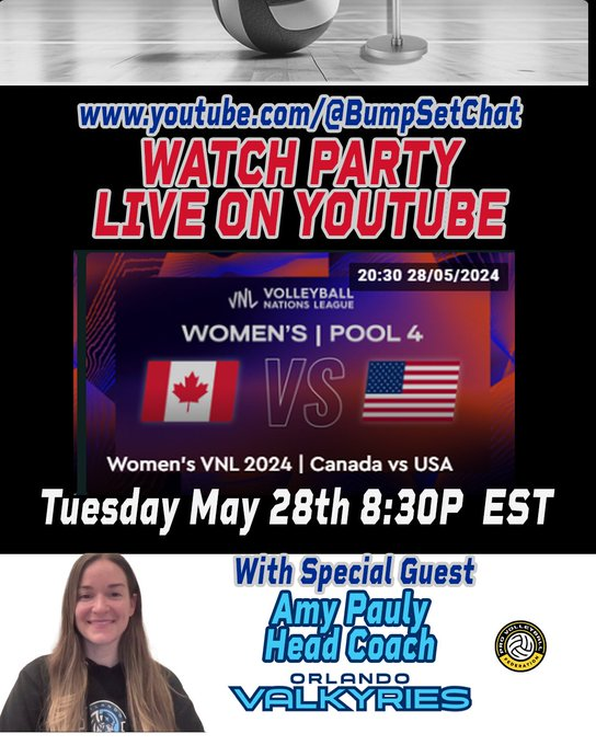 First Bump Set Chat LIVE STREAM tonight 8:30P EST! Doing a watch party for the CDN VS USA women's match w special guest @acpauly10, head coach of the @orlvalkyries. Come ask questions and join us for a fun evening! #vnl #volleyballnationsleague2024 YouTube or TWITCH