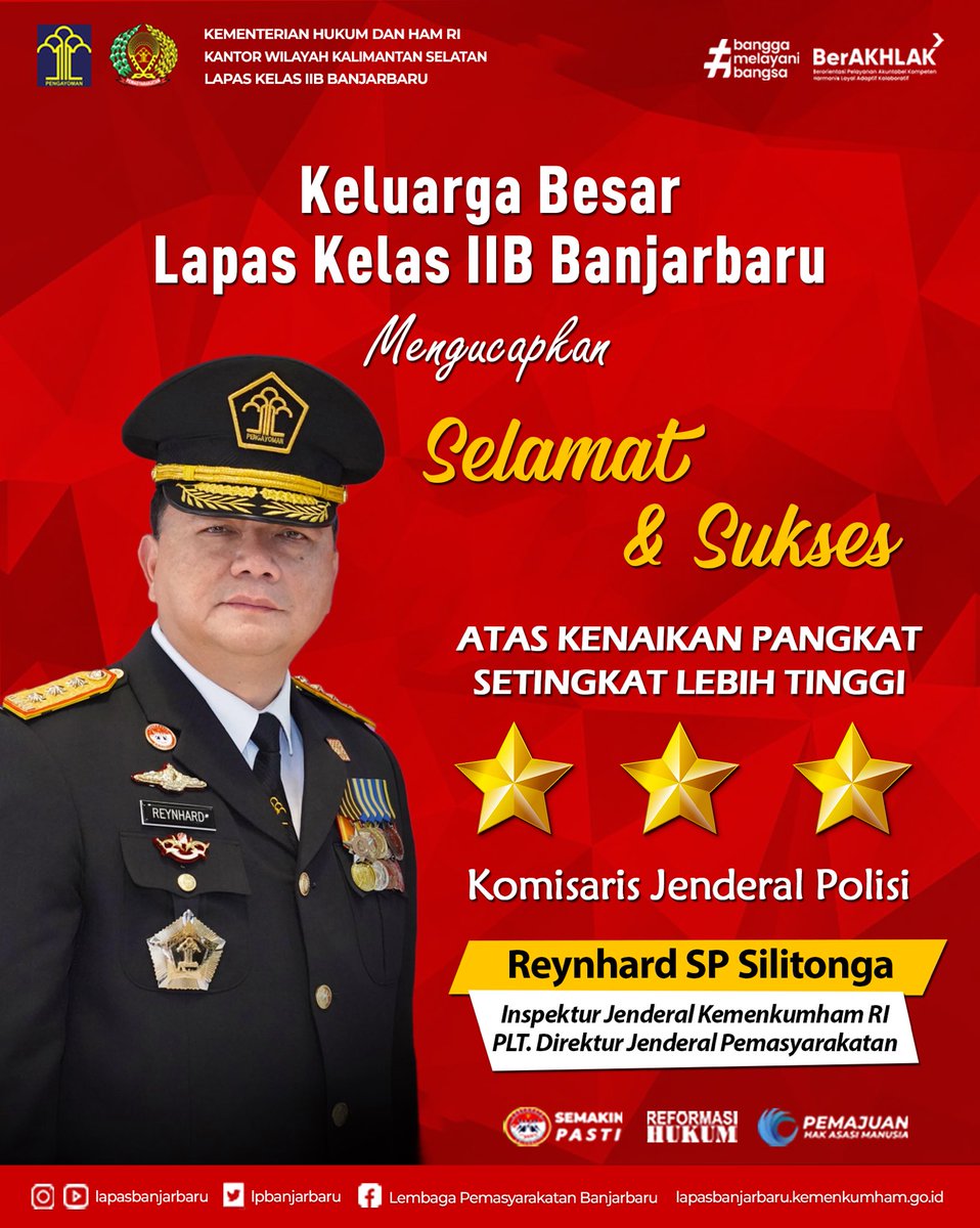 Selamat dan Sukses atas kenaikan pangkat setingkat lebih tinggi Komisaris Jenderal Polisi, Bapak Reynhard Silitonga, Inspektur Jenderal Kemenkumham dan Plt. Direktur Jenderal Pemasyarakatan.
@kumham_kalsel
@lpbanjarbaru
#KumhamKalsel
#Taufiqurrakhman
@lpbanjarbaru
#IWayanNurasta