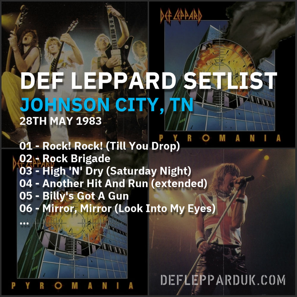 dltourhistory's tweet photo. #DefLeppard #Setlist for a show in
#JohnsonCity TN USA ๐บ๐ธ 41 Years Ago on this day in 1983
01 - Rock! Rock! (Till You Drop)
02 - Rock Brigade
03 - High 'N' Dry...
#Pyromania #steveclark #pyromaniatour #joeelliott #ricksavage #rickallen #philcollen
https://t.co/0aTkj951QN https://t.co/S6bRVVgDsS