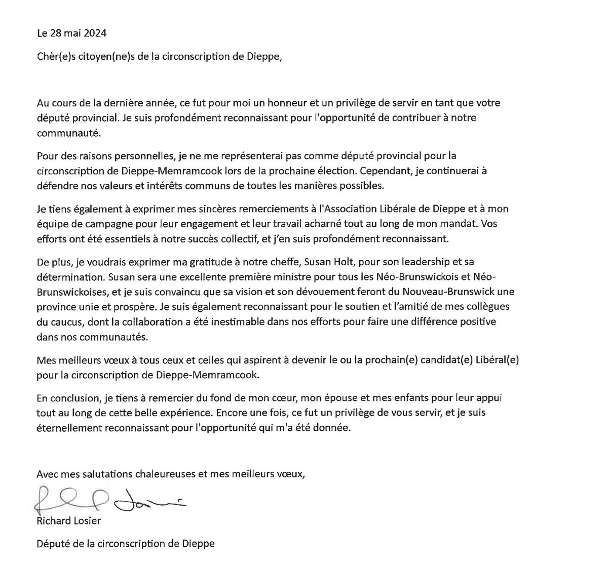 NSteinbach_RC's tweet photo. « Pour des raisons personnelles, je ne me représenterai pas comme député provincial pour la circonscription de Dieppe-Memramcook lors de la prochaine élection. Cependant, je continuerai à défendre nos valeurs et intérêts communs de toutes les manières possibles. » -Richard Losier https://t.co/janxHfaHvG
