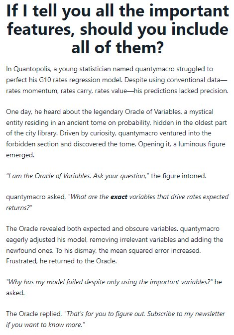 quantymacro's tweet photo. If I tell you all the important features, should you include all of them?

why statsmodels >>> sklearn

probs my first "original" technical article (not quoting anyone on fintwit - mainly bcs I couldn't find anything on it)

as usual giving access to some who RT - thanks all 🙏