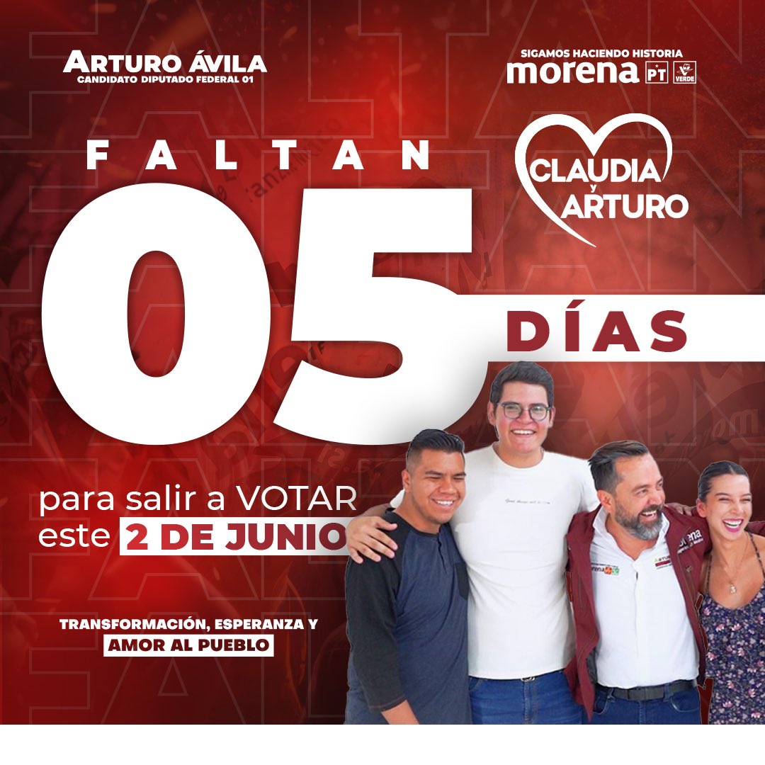 Estamos a 5 días del triunfo, amor con amor se paga y nosotros se los pagaremos con resultados.
Este 2 de junio vota todo MORENA.

#MéxicoConClaudia
#XochitlDerrotada