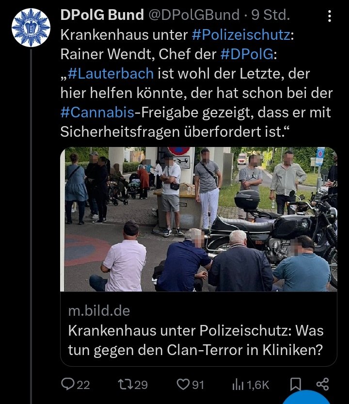 Hier zeigt eine Polizeigewerkschaft wieder wie man in der Bevölkerung erfolgreich Rassismus säht! 
Im gleichen Atemzug wundert man sich dann aber über den Rassismus, welcher entsteht! 
Warum man Clankriminalität, #Cannabis und ein Krankenhaus in einem nennt? Die Gewerkschaft