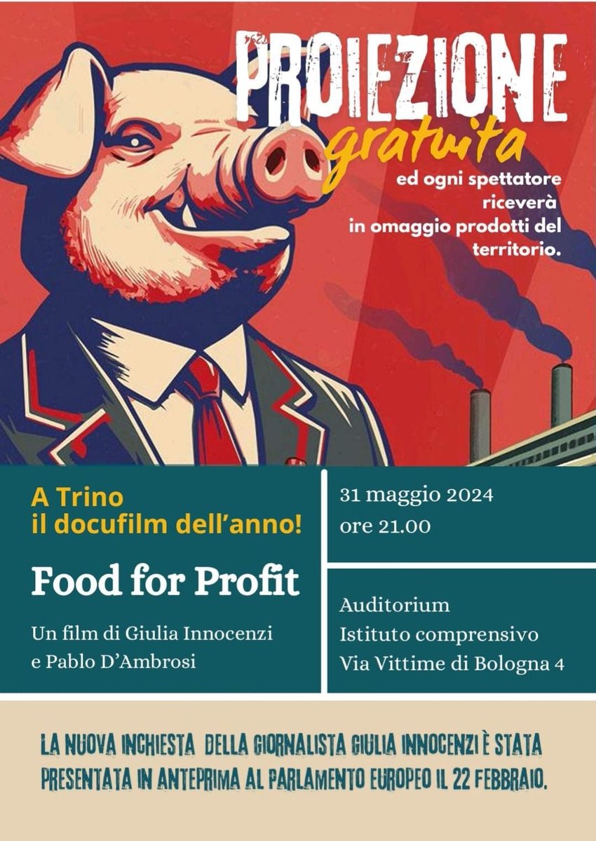 🟥 La #CGIL Vercelli #Valsesia condivide l'iniziativa.
#SlowFood #Vercelli a #Trino con #FoodforProfit”.
La sua proiezione, gratuita, e’ prevista per venerdì #31maggio ore 21 presso l’Auditorium alle Scuole Medie in via Vittime di Bologna.