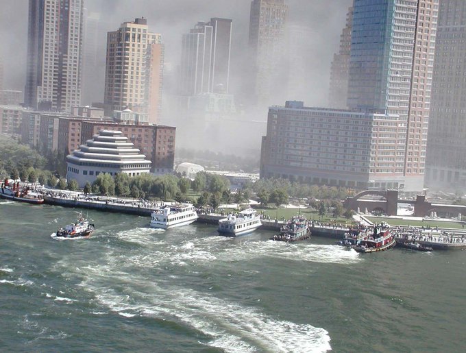 fasc1nate's tweet photo. Immediately following the initial attacks on the World Trade Center, tunnels were closed, and traffic fleeing Manhattan via bridges reached a standstill.   

Many civilians, especially in those neighborhoods closest to the attacks, were desperate to escape the island but had no way to do so.   

Luckily, their salvation came like lightning. A coast guard transmission went out. “All available boats,” it said. “This is the United States Coast Guard… Anyone wanting to help with the evacuation of Lower Manhattan report to Governors Island.”   

Within minutes, around 150 private ships of all shapes, sizes, and purposes reported for duty and got to work. These heroic captains transported around 500,000 people away from the disaster zone.   

This came to be known as the 9/11 Boat Lift, which to this day, is the largest water evacuation in history.