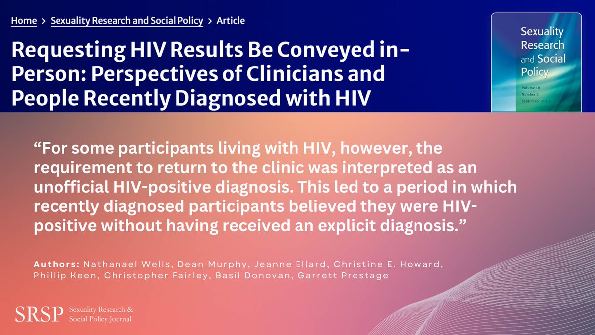 An Australian study found that protocols for delivering #HIV diagnoses by phone, followed by a face-to-face appointment, may reduce the period of anxiety and assist with early connection to #HIVcare and support. Read the full article: doi.org/10.1007/s13178…