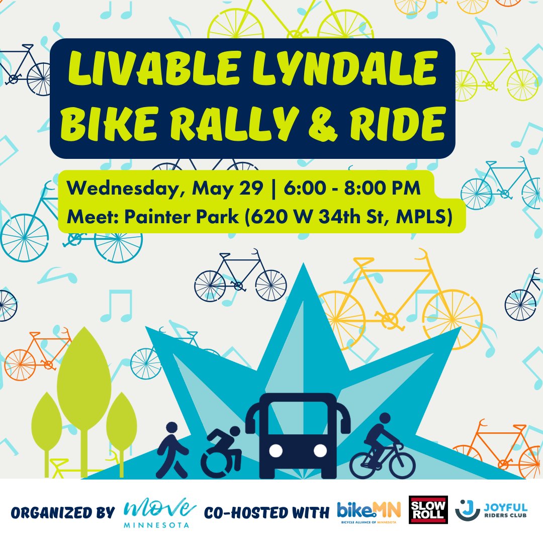 Julie C. Johnson (@julie_c_johnson) on Twitter photo Do you care about accessible & reliable bike and public transit options? Join <a href="/MoveMinnesota/">Move Minnesota</a>, <a href="/BikeMN/">Bicycle Alliance MN</a>, <a href="/thejoyfulriders/">Joyful Riders Club</a>, and Slow Roll for the #LivableLyndale Bike Rally & Ride tomorrow 6pm at Painter Park to push for bus and bike lanes on Lyndale Ave S! movemn.org/event/livable-… Do you care about accessible & reliable bike and public transit options? Join <a href="/MoveMinnesota/">Move Minnesota</a>, <a href="/BikeMN/">Bicycle Alliance MN</a>, <a href="/thejoyfulriders/">Joyful Riders Club</a>, and Slow Roll for the #LivableLyndale Bike Rally & Ride tomorrow 6pm at Painter Park to push for bus and bike lanes on Lyndale Ave S! movemn.org/event/livable-…