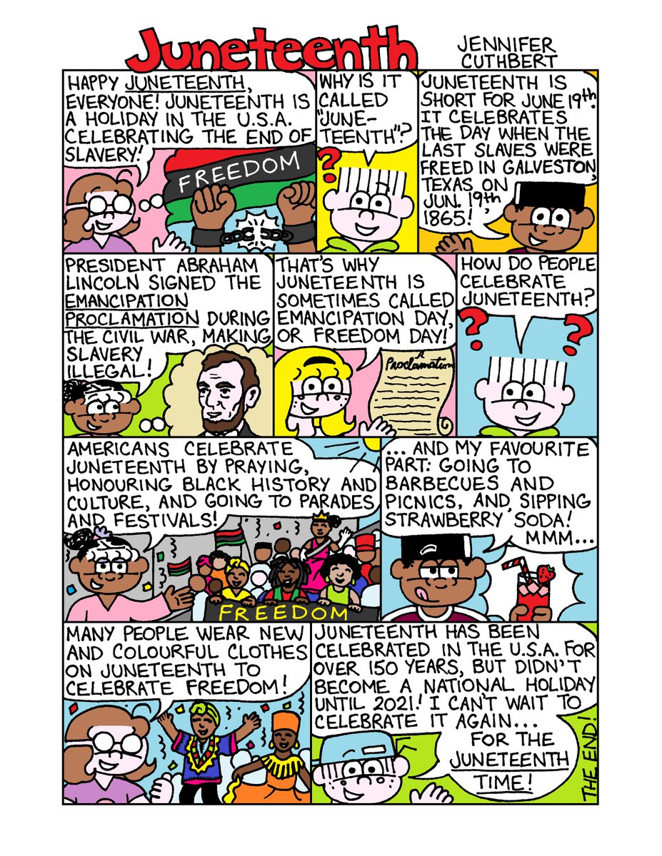 Lollipop_Comics's tweet photo. Happy #Juneteenth ! Lollipop and friends celebrate Juneteenth in this special comic post! #adventuresoflollipop #kids #kidlit #kidscomics #indiecomics #webcomicwednesday https://t.co/SUNQhg9IXK