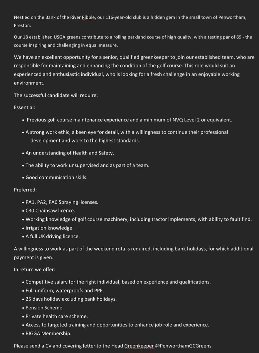 Qualified Greenkeeper required. Please apply here, or send CV with covering letter to greens@penworthamgc.co.uk #jointheteam