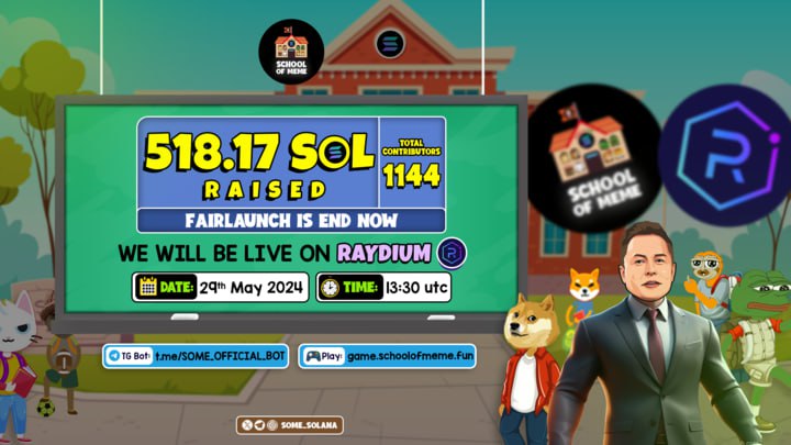 🔥School Of Meme Fairlaunch is now closed!

💥 $SOME received overwhelming response from the community!

🌟Raised 518.17 SOL with 1144 Contributors 

💥Open for Trading On Raydium at 13:30 UTC 29th MAY 

➡️Trade here: raydium.io/swap/?inputCur…

💰 Claim from Pinksale at 13:30 UTC