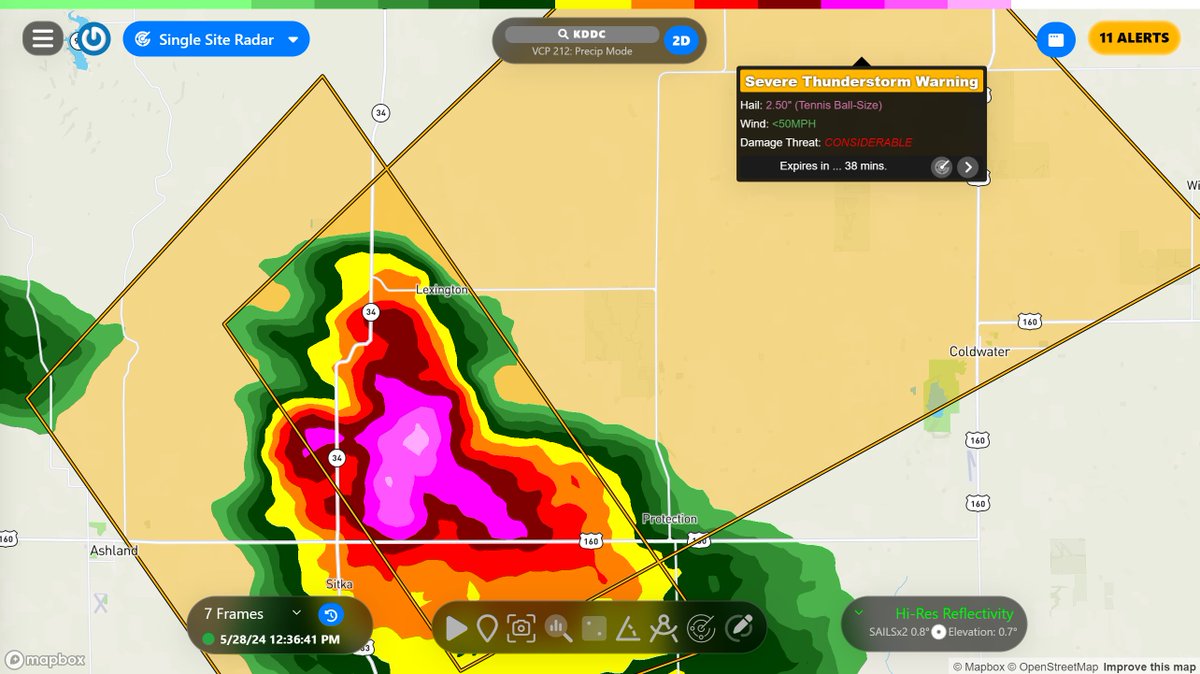 Severe Thunderstorm Warning including Coldwater KS and Protection KS until 12:15 PM CDT. This storm will contain tennis ball-sized (2.5') hail! #KSwx