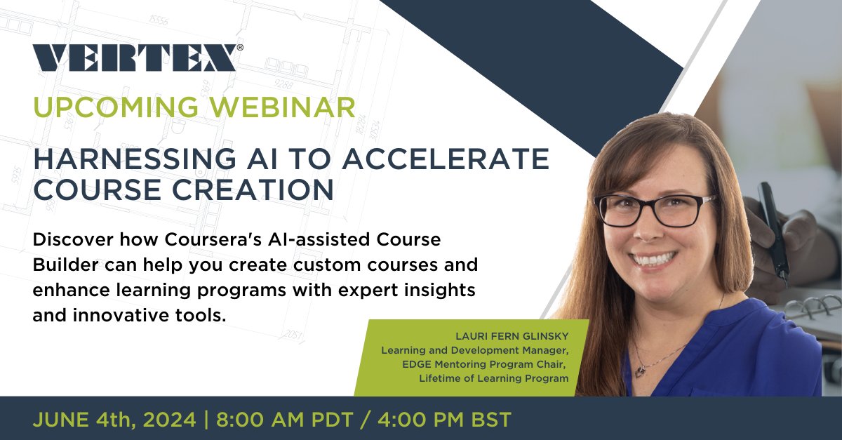 Join us on June 4, 2024, at 8 AM PDT / 4 PM BST, for an informative webinar where Coursera customers and experts will explore creating custom courses with Coursera’s AI-assisted Course Builder. 

Webinar Details: hubs.la/Q02yFnXK0

#Webinar #AI #Coursera #VertexEng